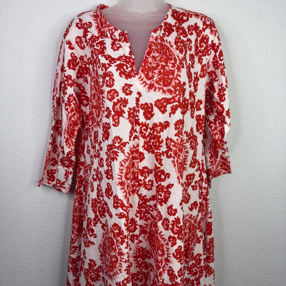 Dolma Dress Womens M Red White Damask Casual Maxi Boho Coastal Festival Vacation - Picture 4 of 13